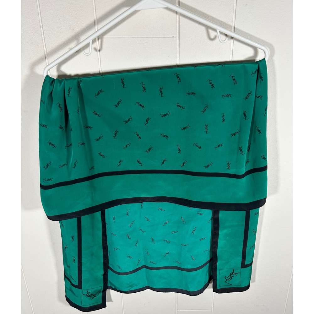 Vintage Yves Saint Laurent Silk Scarf Emerald Green Black Monogram Logo Square